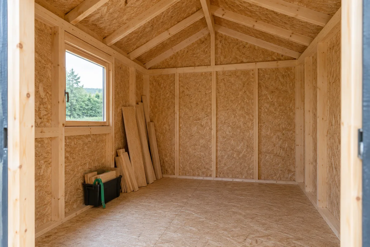 Intérieur d'un abri de jardin en finition : ossature en épicéa, panneaux OSB et petite fenêtre (illustration)
