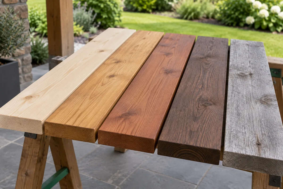 Cinq planches de bois d'extérieur de teintes différentes posées côte à côte sur des tréteaux (illustration)