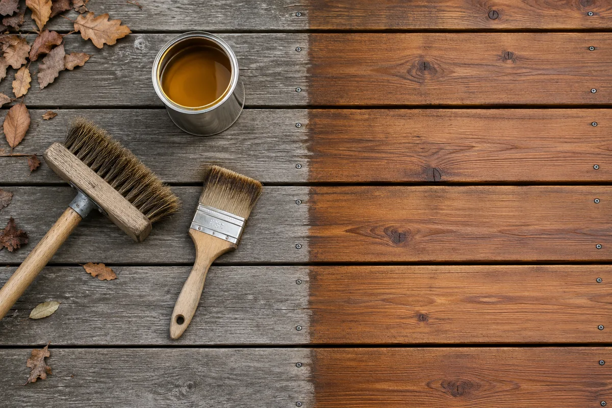Gros plan de lames de terrasse, moitié grisées, moitié nettoyées et huilées, avec une brosse, un pinceau et un pot sans étiquette (illustration)