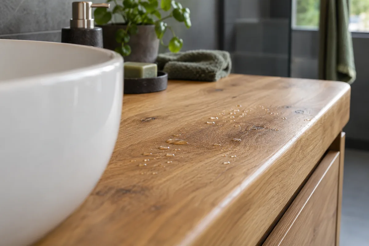 Gros plan sur le plateau en bois huilé d'un meuble lavabo, avec des gouttes d'eau qui perlent à la surface (illustration)