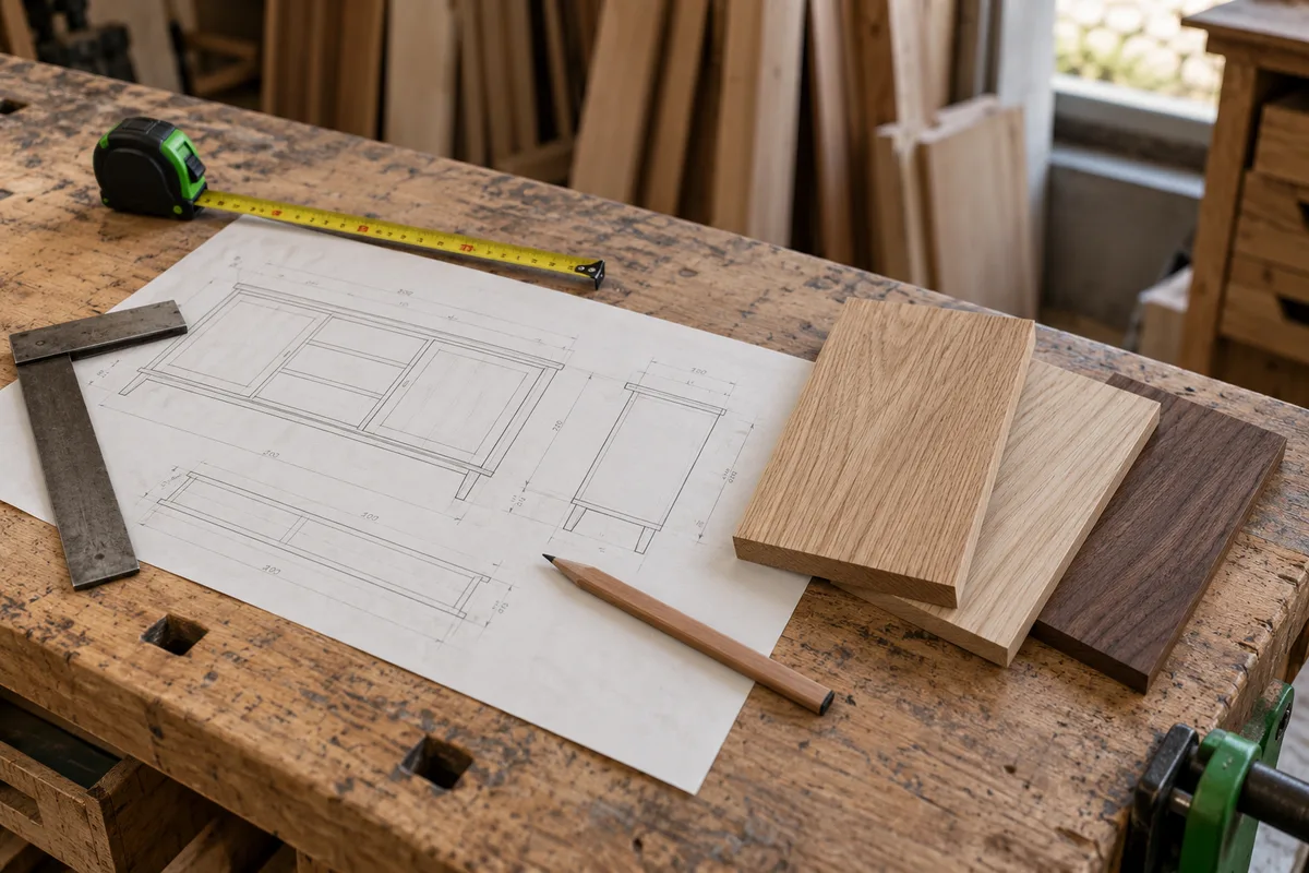 Établi d'atelier avec un croquis technique au crayon, un mètre ruban, une équerre et trois échantillons de bois, clair, moyen et foncé (illustration)