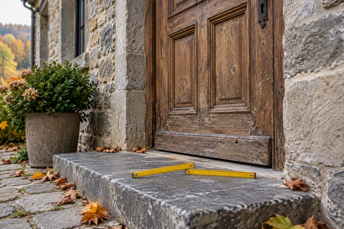 Entrée d'une maison en pierre avec une vieille porte en bois et un mètre pliant jaune posé sur le seuil (illustration)