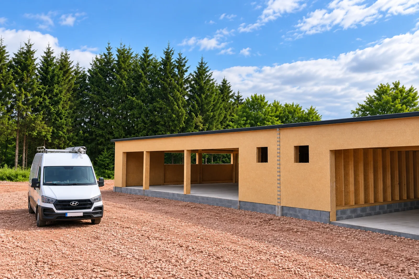 Hangar en ossature bois enduite, camionnette devant