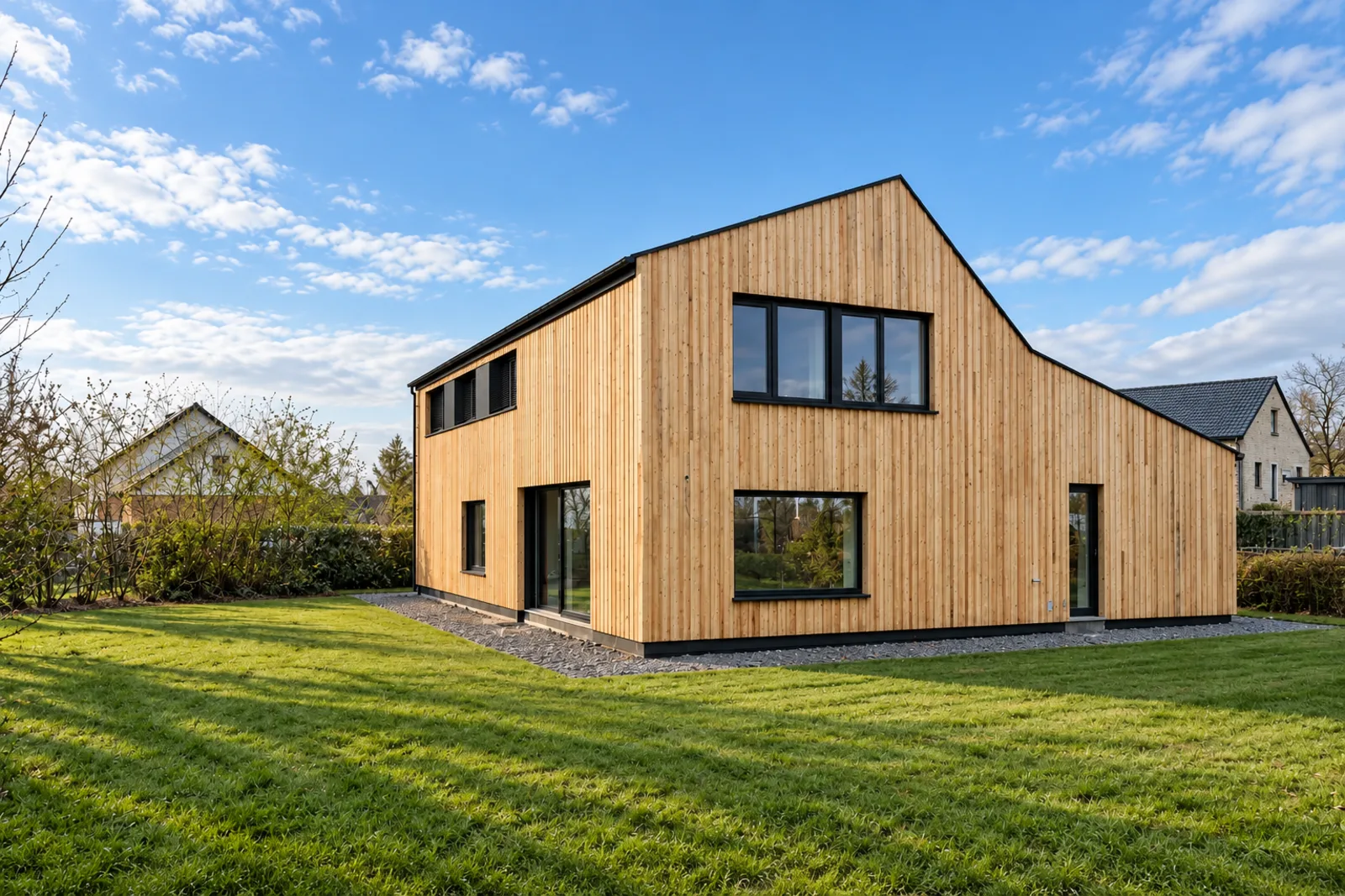 Maison en ossature bois bardée de bois clair