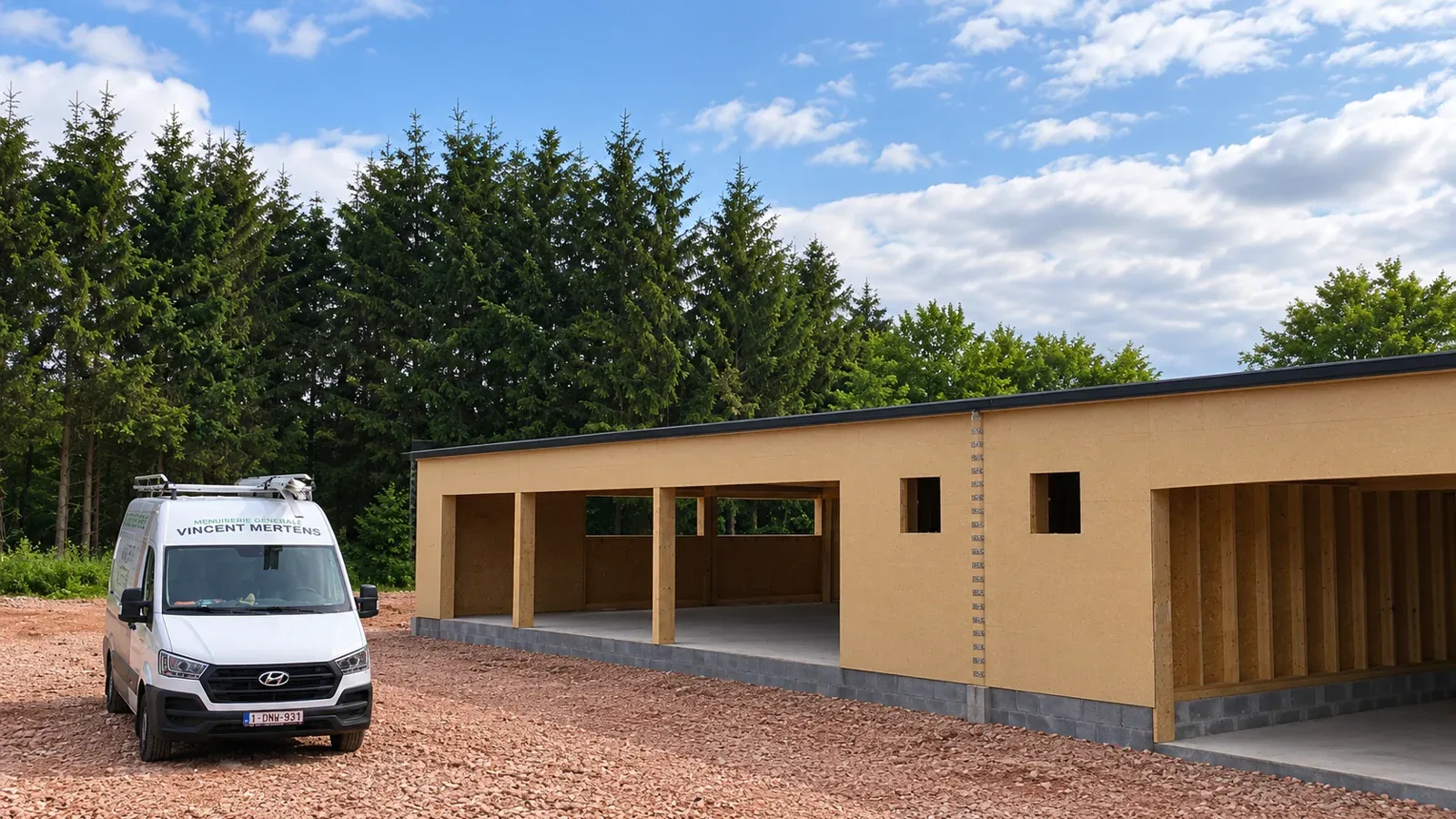 Bâtiment en ossature bois bardé, réalisé par Menuiserie Mertens