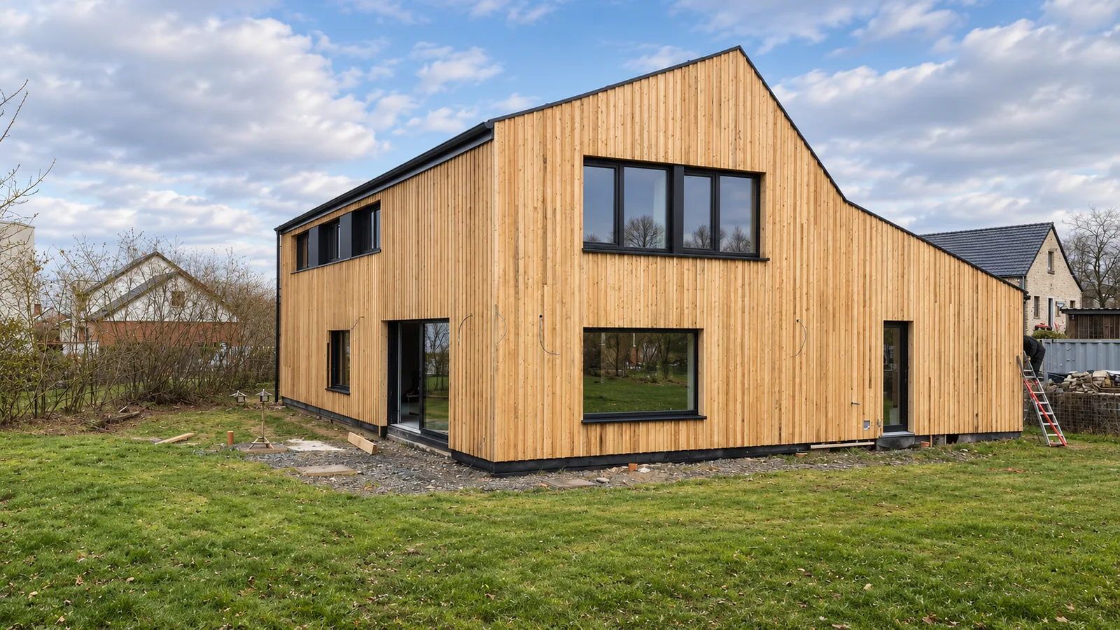 Maison en ossature bois avec bardage, réalisée par Menuiserie Mertens