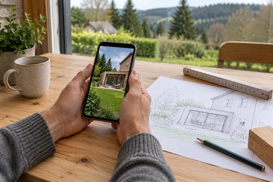 Photo d'un jardin sur un téléphone et plan d'extension sur une table (illustration)