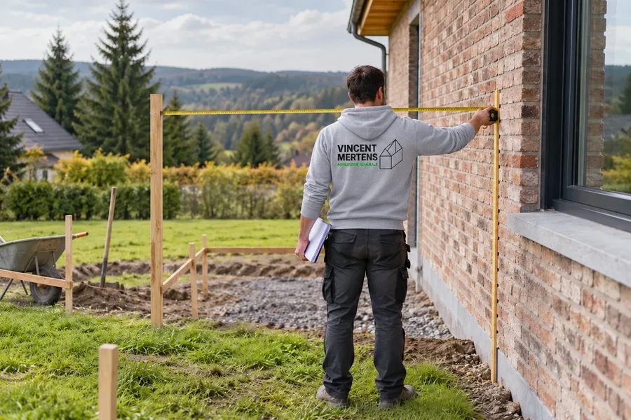 Prise de mesures contre une façade avant une extension, logo Vincent Mertens au dos (illustration)