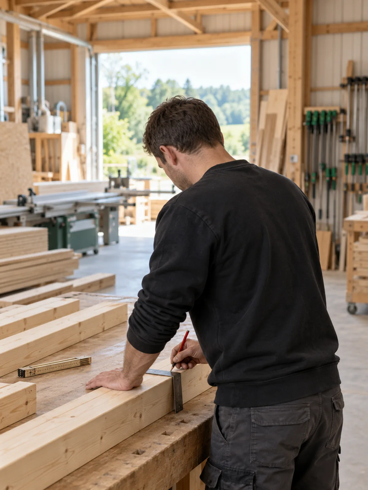Menuisier traçant un repère sur un montant de bois à l'atelier (illustration)