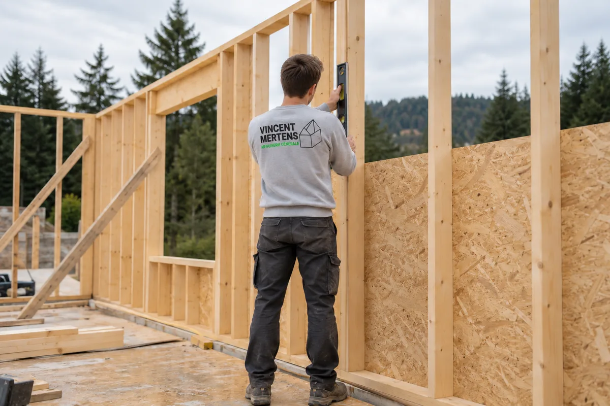 Jeune ouvrier de dos sur un chantier d'ossature bois, logo Vincent Mertens au dos (illustration)